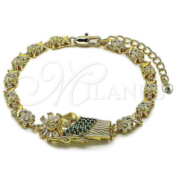 Pulsera Elegante 03.411.0090.08 Oro Laminado, Diseño de San Judas y Flor, con Verde and Blanca Zirconia Cubica, Pulido, Tono Dorado (Thickness, 8 Inches Length)