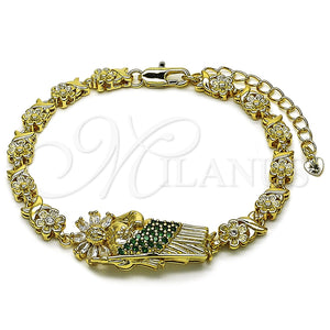 Pulsera Elegante 03.411.0090.08 Oro Laminado, Diseño de San Judas y Flor, con Verde and Blanca Zirconia Cubica, Pulido, Tono Dorado (Thickness, 8 Inches Length)