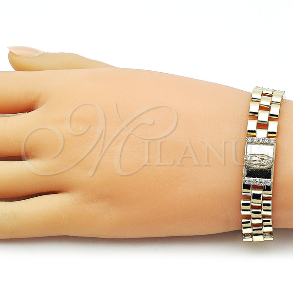Pulsera Elegante 03.411.0092.08 Oro Laminado, Diseño de Guadalupe y Hebilla del Cinturón, con Blanca Zirconia Cubica, Pulido, Tono Dorado (12 MM Thickness, 8 Inches Length)