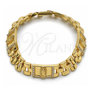 Pulsera Elegante 03.411.0092.08 Oro Laminado, Diseño de Guadalupe y Hebilla del Cinturón, con Zirconia Cubica Blanca, Pulido, Tono Dorado (Grosor 12 MM, 8 Pulgadas de Largo)