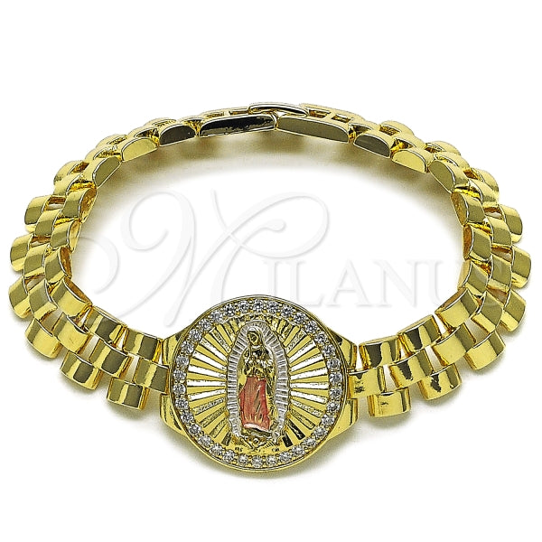 Pulsera Elegante 03.411.0093.08 Oro Laminado, Diseño de Guadalupe y Hebillas de Cinturon, Diseño de Guadalupe, con Zirconia Cubica Blanca, Diamantado, Tricolor