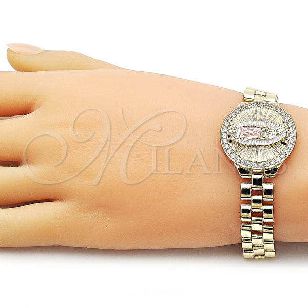 Pulsera Elegante 03.411.0093.08 Oro Laminado, Diseño de Guadalupe y Hebilla del Cinturón, con Blanca Zirconia Cubica, Diamantado, Tres Tonos (12 MM Thickness, 8 Inches Length)