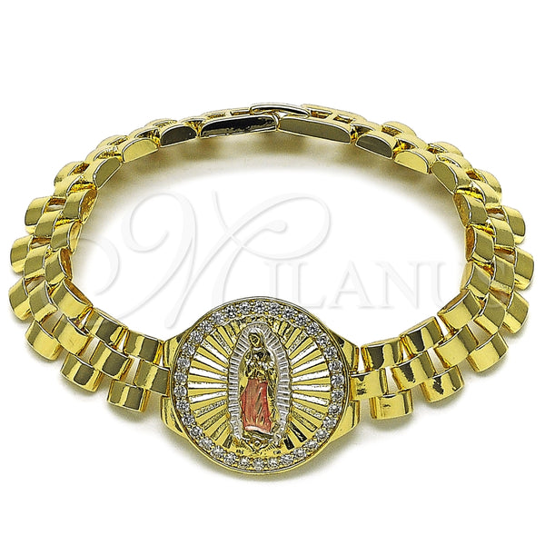 Pulsera Elegante 03.411.0093.08 Oro Laminado, Diseño de Guadalupe y Hebilla del Cinturón, con Blanca Zirconia Cubica, Diamantado, Tres Tonos (12 MM Thickness, 8 Inches Length)