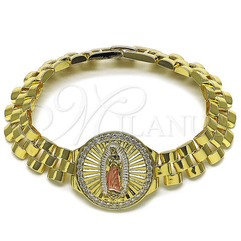 Pulsera Elegante 03.411.0093.08 Oro Laminado, Diseño de Guadalupe y Hebilla del Cinturón, con Blanca Zirconia Cubica, Diamantado, Tres Tonos (12 MM Thickness, 8 Inches Length)