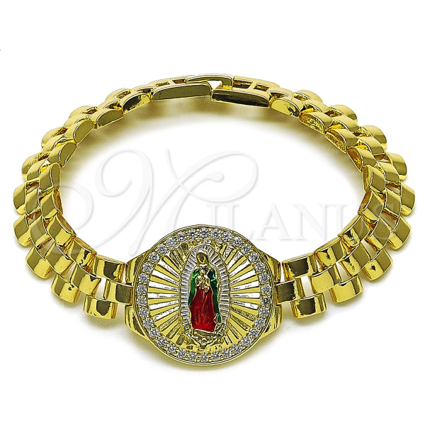 Pulsera Elegante 03.411.0093.1.08 Oro Laminado, Diseño de Guadalupe y Hebillas de Cinturon, Diseño de Guadalupe, con Zirconia Cubica Blanca, Diamantado, Tricolor