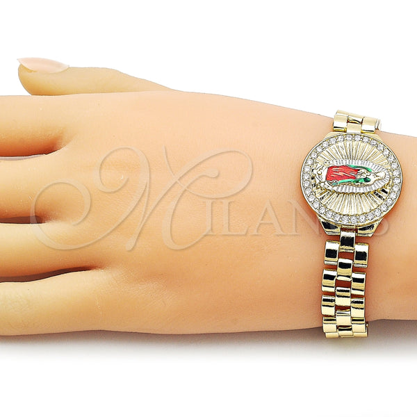 Pulsera Elegante 03.411.0093.1.08 Oro Laminado, Diseño de Guadalupe y Hebilla del Cinturón, con Blanca Zirconia Cubica, Diamantado, Tres Tonos (12 MM Thickness, 8 Inches Length)