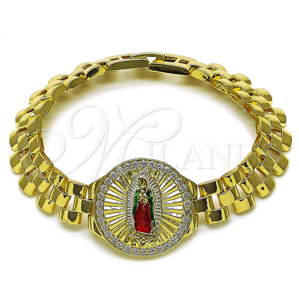 Pulsera Elegante 03.411.0093.1.08 Oro Laminado, Diseño de Guadalupe y Hebilla del Cinturón, con Blanca Zirconia Cubica, Diamantado, Tres Tonos (12 MM Thickness, 8 Inches Length)