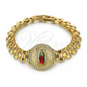 Pulsera Elegante 03.411.0093.1.08 Oro Laminado, Diseño de Guadalupe y Hebilla del Cinturón, con Zirconia Cubica Blanca, Diamantado, Tres Tonos (Grosor 12 MM, 8 Pulgadas de Largo)