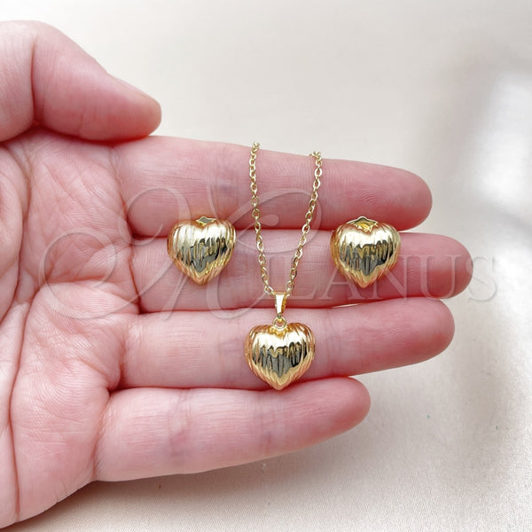Juego de Arete y Dije de Adulto 10.379.0101 Oro Laminado, Diseño de Corazón, Diamantado, Tono Dorado