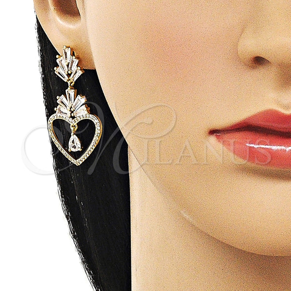 Arete Largo 02.282.0105 Oro Laminado, Diseño de Corazón y Baguette, con Blanca Zirconia Cubica and Blanca Micro Pave, Pulido, Tono Dorado