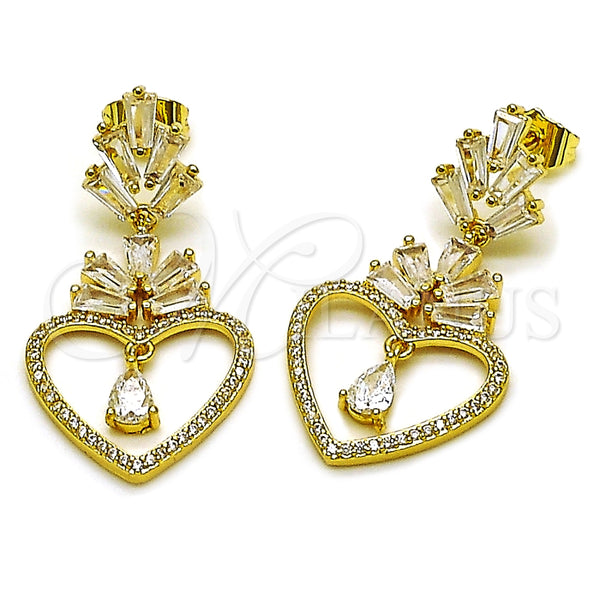 Arete Largo 02.282.0105 Oro Laminado, Diseño de Corazón y Baguette, con Blanca Zirconia Cubica and Blanca Micro Pave, Pulido, Tono Dorado