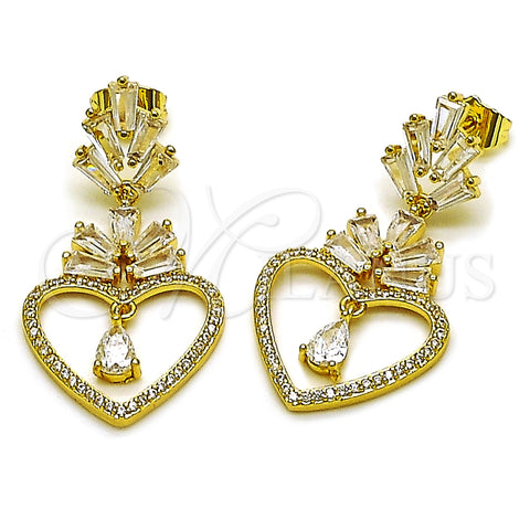 Arete Largo 02.282.0105 Oro Laminado, Diseño de Corazón y Baguette, con Blanca Zirconia Cubica and Blanca Micro Pave, Pulido, Tono Dorado