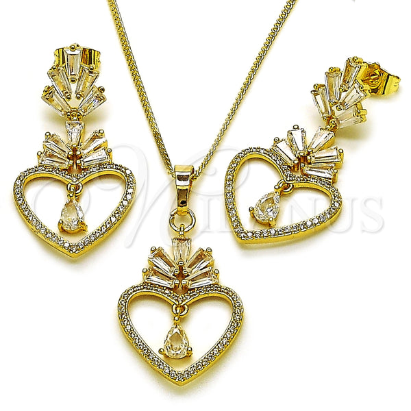 Juego de Arete y Dije de Adulto 10.282.0016 Oro Laminado, Diseño de Corazón y Baguette, con Blanca Zirconia Cubica and Blanca Micro Pave, Pulido, Tono Dorado
