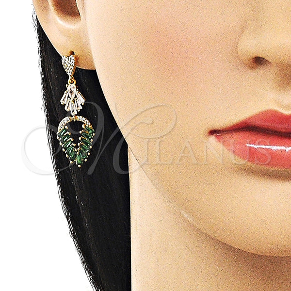 Arete Largo 02.282.0107 Oro Laminado, Diseño de Oja y Baguette, con Verde and Blanca Zirconia Cubica, Pulido, Tono Dorado