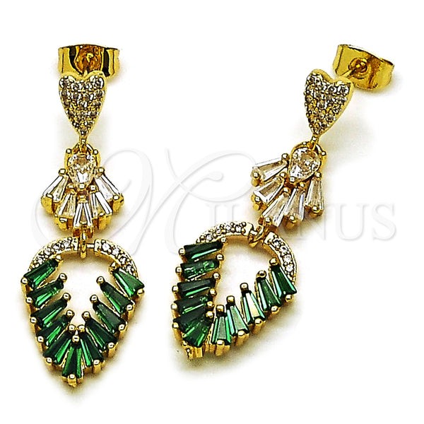Arete Largo 02.282.0107 Oro Laminado, Diseño de Oja y Baguette, con Verde and Blanca Zirconia Cubica, Pulido, Tono Dorado