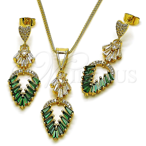 Juego de Arete y Dije de Adulto 10.282.0018 Oro Laminado, Diseño de Oja y Corazón, con Verde and Blanca Zirconia Cubica, Pulido, Tono Dorado