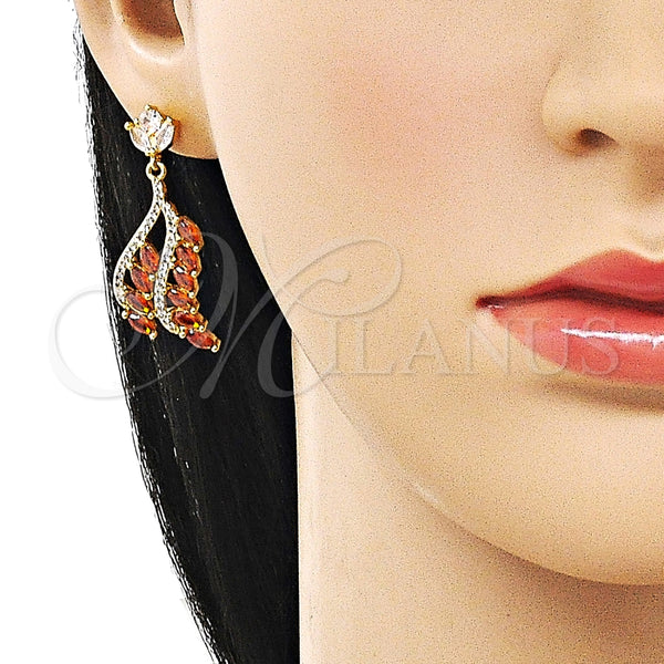 Arete Largo 02.282.0108 Oro Laminado, con Granate Zirconia Cubica and Blanca Micro Pave, Pulido, Tono Dorado