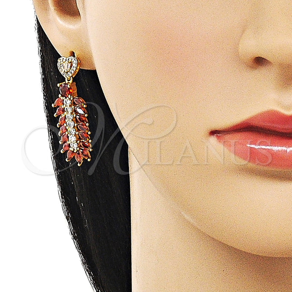 Arete Largo 02.282.0109 Oro Laminado, Diseño de Oja y Corazón, con Blanca Zirconia Cubica and Blanca Micro Pave, Pulido, Tono Dorado