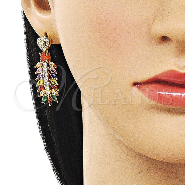 Arete Largo 02.282.0109.1 Oro Laminado, Diseño de Oja y Corazón, con Multicolor and Blanca Zirconia Cubica, Pulido, Tono Dorado