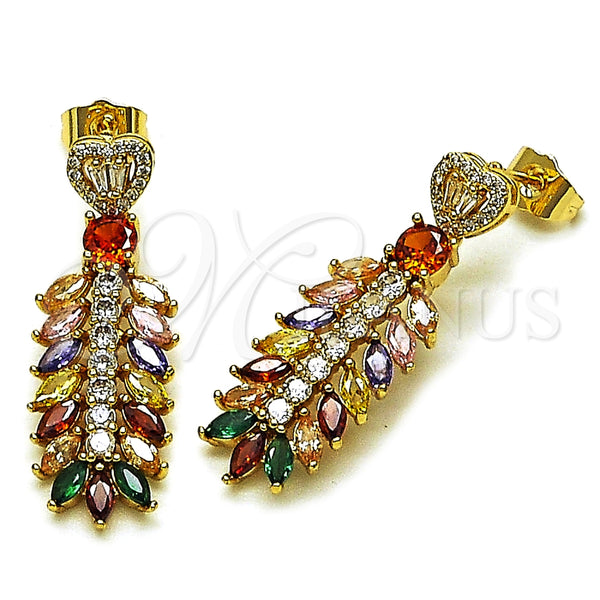 Arete Largo 02.282.0109.1 Oro Laminado, Diseño de Oja y Corazón, con Multicolor and Blanca Zirconia Cubica, Pulido, Tono Dorado