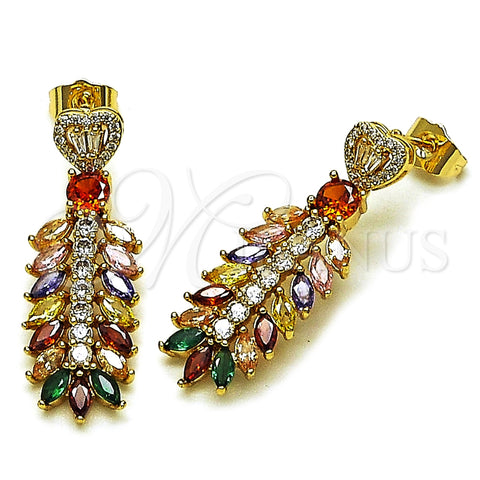 Arete Largo 02.282.0109.1 Oro Laminado, Diseño de Oja y Corazón, con Multicolor and Blanca Zirconia Cubica, Pulido, Tono Dorado