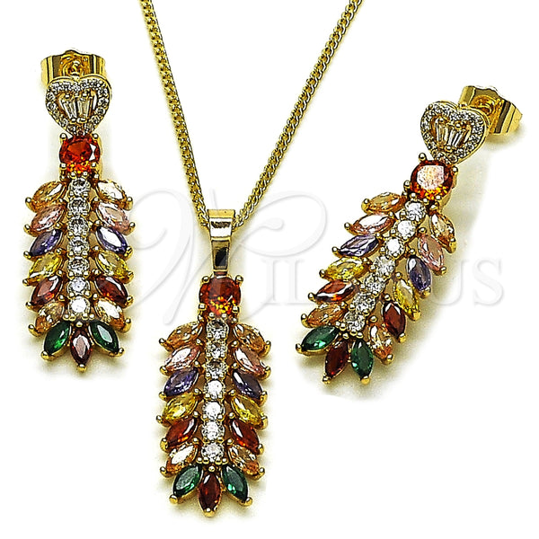 Juego de Arete y Dije de Adulto 10.282.0020.1 Oro Laminado, Diseño de Oja y Corazón, con Blanca Zirconia Cubica and Blanca Micro Pave, Pulido, Tono Dorado