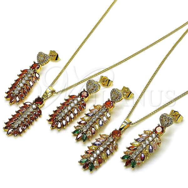 Juego de Arete y Dije de Adulto 10.282.0020.1 Oro Laminado, Diseño de Oja y Corazón, con Blanca Zirconia Cubica and Blanca Micro Pave, Pulido, Tono Dorado