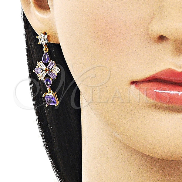 Arete Largo 02.282.0110 Oro Laminado, Diseño de Flor, con Amatista and Blanca Zirconia Cubica, Pulido, Tono Dorado