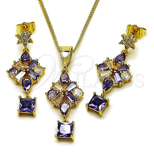 Juego de Arete y Dije de Adulto 10.282.0021 Oro Laminado, Diseño de Flor, con Amatista Zirconia Cubica, Pulido, Tono Dorado