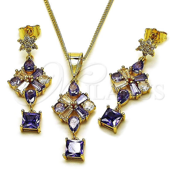 Juego de Arete y Dije de Adulto 10.282.0021 Oro Laminado, Diseño de Flor, con Amatista Zirconia Cubica, Pulido, Tono Dorado