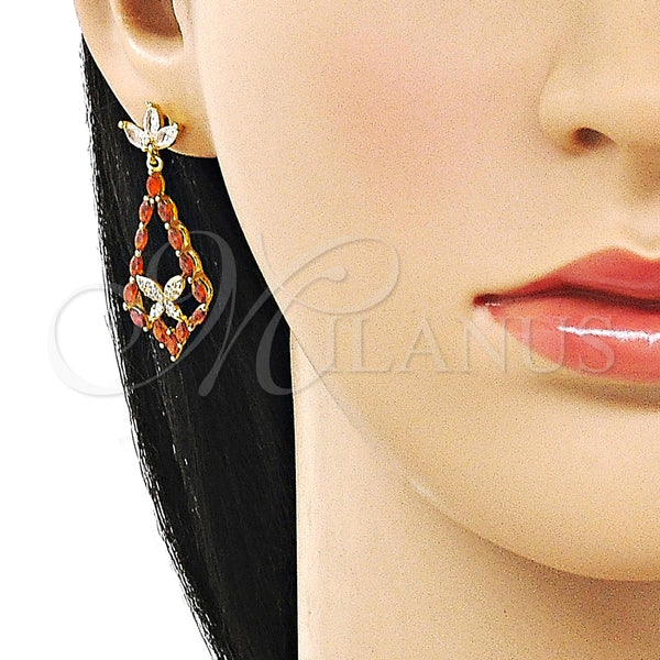 Arete Largo 02.282.0111 Oro Laminado, Diseño de Gota y Mariposa, con Granate Zirconia Cubica and Blanca Micro Pave, Pulido, Tono Dorado