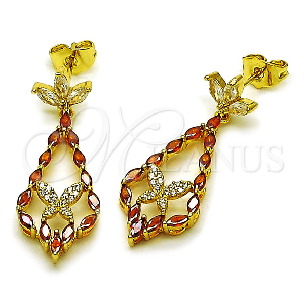 Arete Largo 02.282.0111 Oro Laminado, Diseño de Gota y Mariposa, con Granate Zirconia Cubica and Blanca Micro Pave, Pulido, Tono Dorado