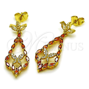 Arete Largo 02.282.0111 Oro Laminado, Diseño de Gota y Mariposa, con Granate Zirconia Cubica and Blanca Micro Pave, Pulido, Tono Dorado