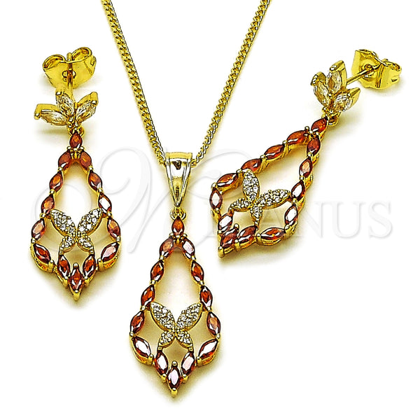 Juego de Arete y Dije de Adulto 10.282.0022 Oro Laminado, Diseño de Gota y Mariposa, con Granate Zirconia Cubica and Blanca Micro Pave, Pulido, Tono Dorado