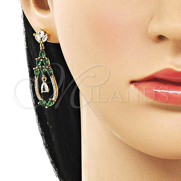 Arete Largo 02.282.0112 Oro Laminado, Diseño de Gota, con Verde and Blanca Zirconia Cubica, Pulido, Tono Dorado