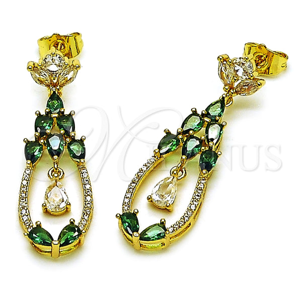 Arete Largo 02.282.0112 Oro Laminado, Diseño de Gota, con Verde and Blanca Zirconia Cubica, Pulido, Tono Dorado