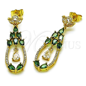 Arete Largo 02.282.0112 Oro Laminado, Diseño de Gota, con Verde and Blanca Zirconia Cubica, Pulido, Tono Dorado