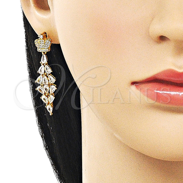 Arete Largo 02.282.0114 Oro Laminado, Diseño de Corona y Gota, con Blanca Zirconia Cubica, Pulido, Tono Dorado