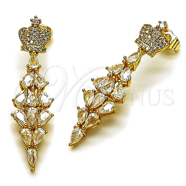 Arete Largo 02.282.0114 Oro Laminado, Diseño de Corona y Gota, con Blanca Zirconia Cubica, Pulido, Tono Dorado