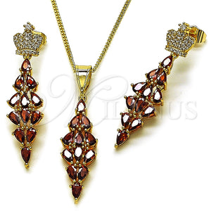 Juego de Arete y Dije de Adulto 10.282.0024.1 Oro Laminado, Diseño de Corona y Gota, con Granate and Blanca Zirconia Cubica, Pulido, Tono Dorado