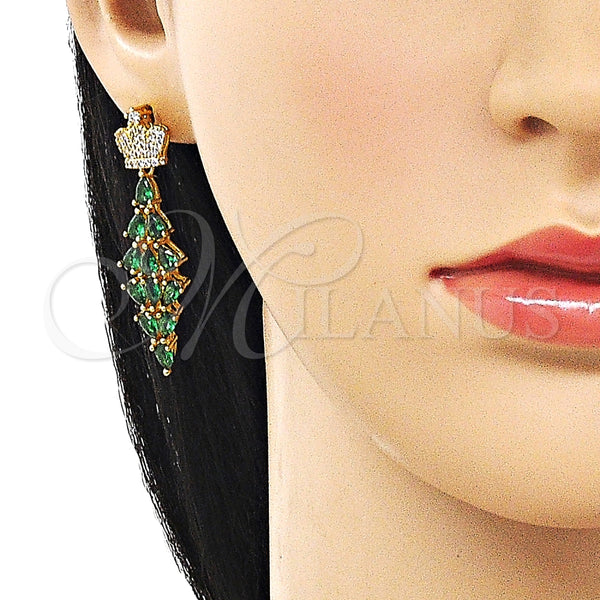 Arete Largo 02.282.0114.2 Oro Laminado, Diseño de Corona y Gota, con Verde and Blanca Zirconia Cubica, Pulido, Tono Dorado