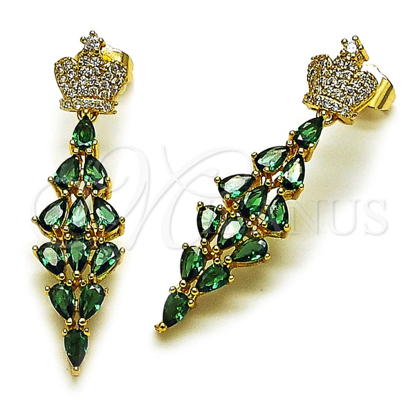 Arete Largo 02.282.0114.2 Oro Laminado, Diseño de Corona y Gota, con Verde and Blanca Zirconia Cubica, Pulido, Tono Dorado
