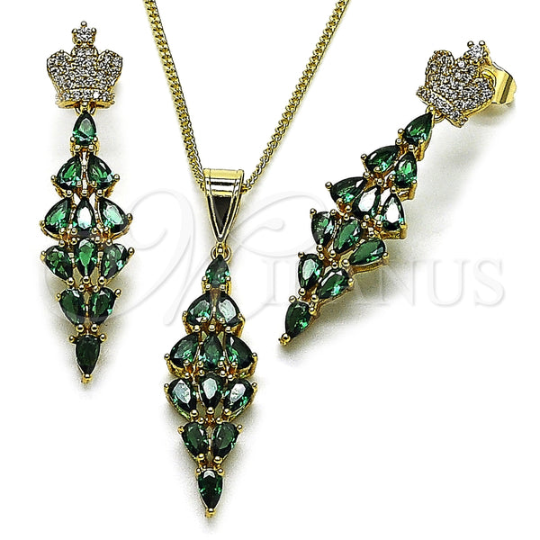 Juego de Arete y Dije de Adulto 10.282.0024.2 Oro Laminado, Diseño de Corona y Gota, con Verde and Blanca Zirconia Cubica, Pulido, Tono Dorado