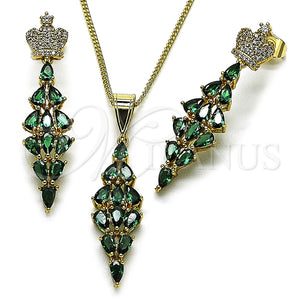 Juego de Arete y Dije de Adulto 10.282.0024.2 Oro Laminado, Diseño de Corona y Gota, con Verde and Blanca Zirconia Cubica, Pulido, Tono Dorado