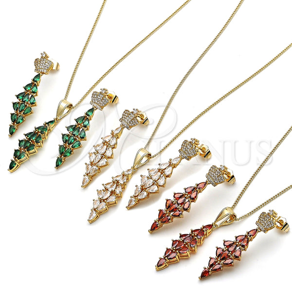 Juego de Arete y Dije de Adulto 10.282.0024.2 Oro Laminado, Diseño de Corona y Gota, con Verde and Blanca Zirconia Cubica, Pulido, Tono Dorado