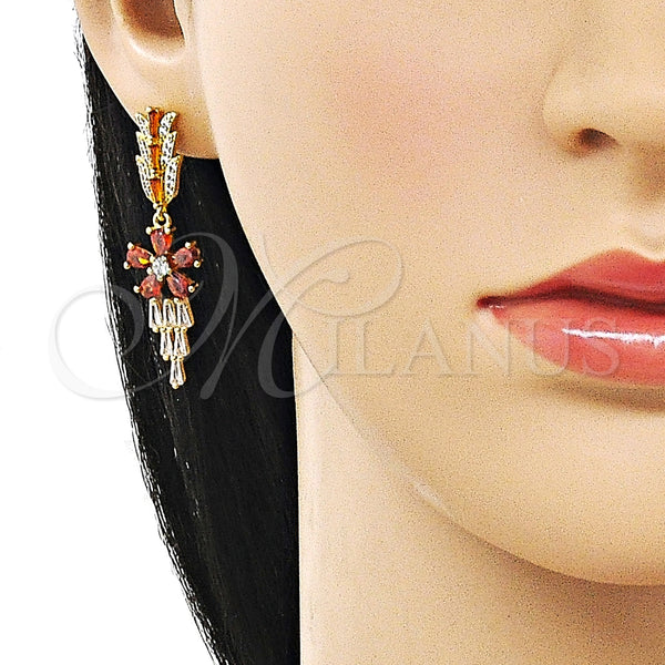 Arete Largo 02.282.0115 Oro Laminado, Diseño de Flor y Baguette, con Granate and Blanca Zirconia Cubica, Pulido, Tono Dorado