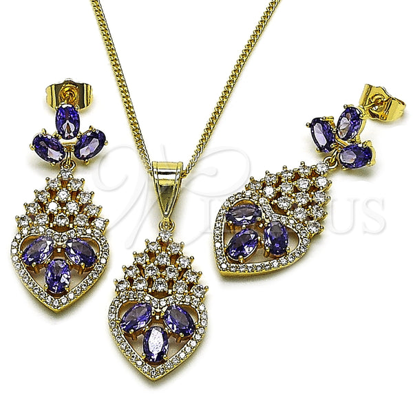 Juego de Arete y Dije de Adulto 10.282.0025 Oro Laminado, Diseño de Corazón, con Amatista and Blanca Zirconia Cubica, Pulido, Tono Dorado