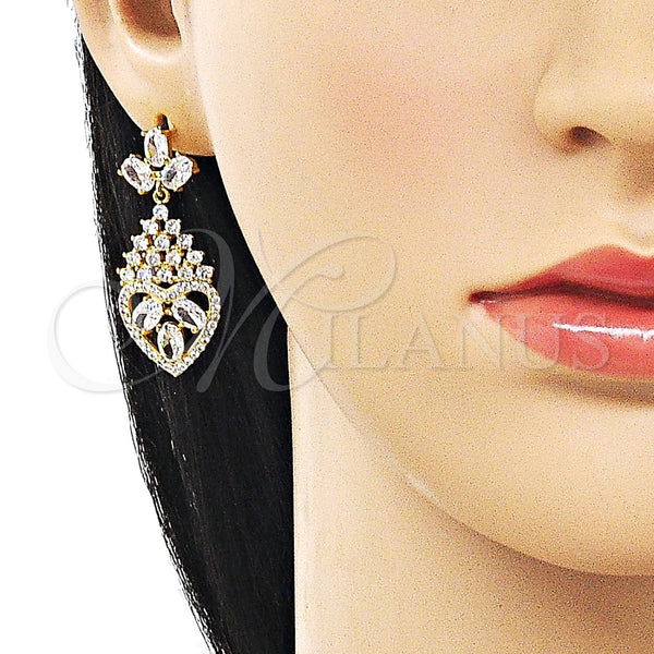 Arete Largo 02.282.0104.3 Oro Laminado, Diseño de Gota y Corazón, con Blanca Zirconia Cubica, Pulido, Tono Dorado