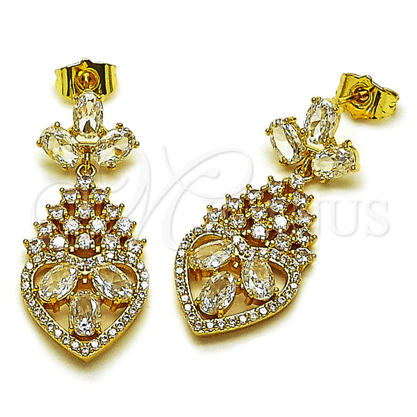 Arete Largo 02.282.0104.3 Oro Laminado, Diseño de Gota y Corazón, con Blanca Zirconia Cubica, Pulido, Tono Dorado
