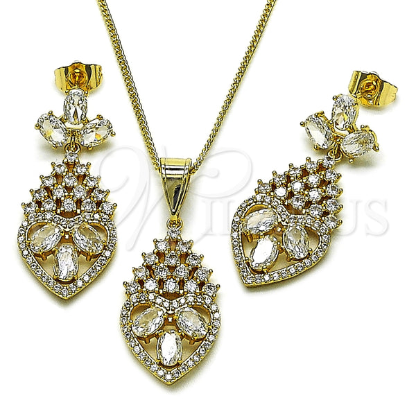 Juego de Arete y Dije de Adulto 10.282.0025.1 Oro Laminado, Diseño de Corazón y Gota, con Blanca Zirconia Cubica, Pulido, Tono Dorado